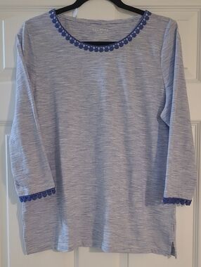Talbots Light Blue Striped Top with Royal Blue Scallop Trim Size LP